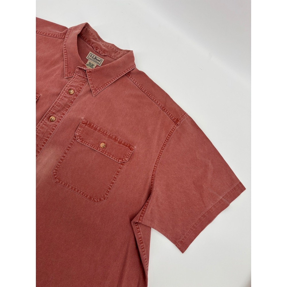 LL Bean Mens XXL Short Sleeve Button Down Shirt Red 100% Cotton Workwear Pockets